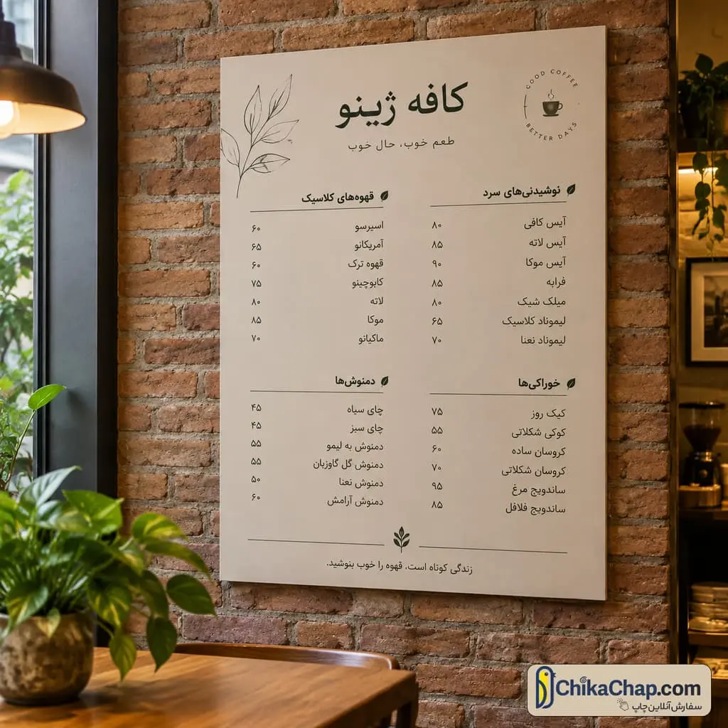 چاپ پلات پی پی چسبدار برای تابلو منو و دکوراسیون داخلی کافه
